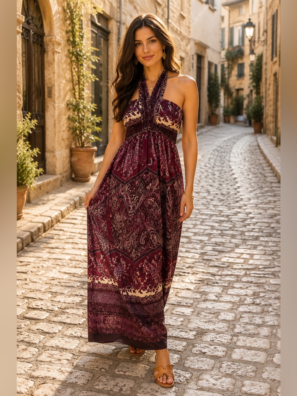 Snap Womens Paisley Halter Maxi Dress Burgundy Purple Size L NEW